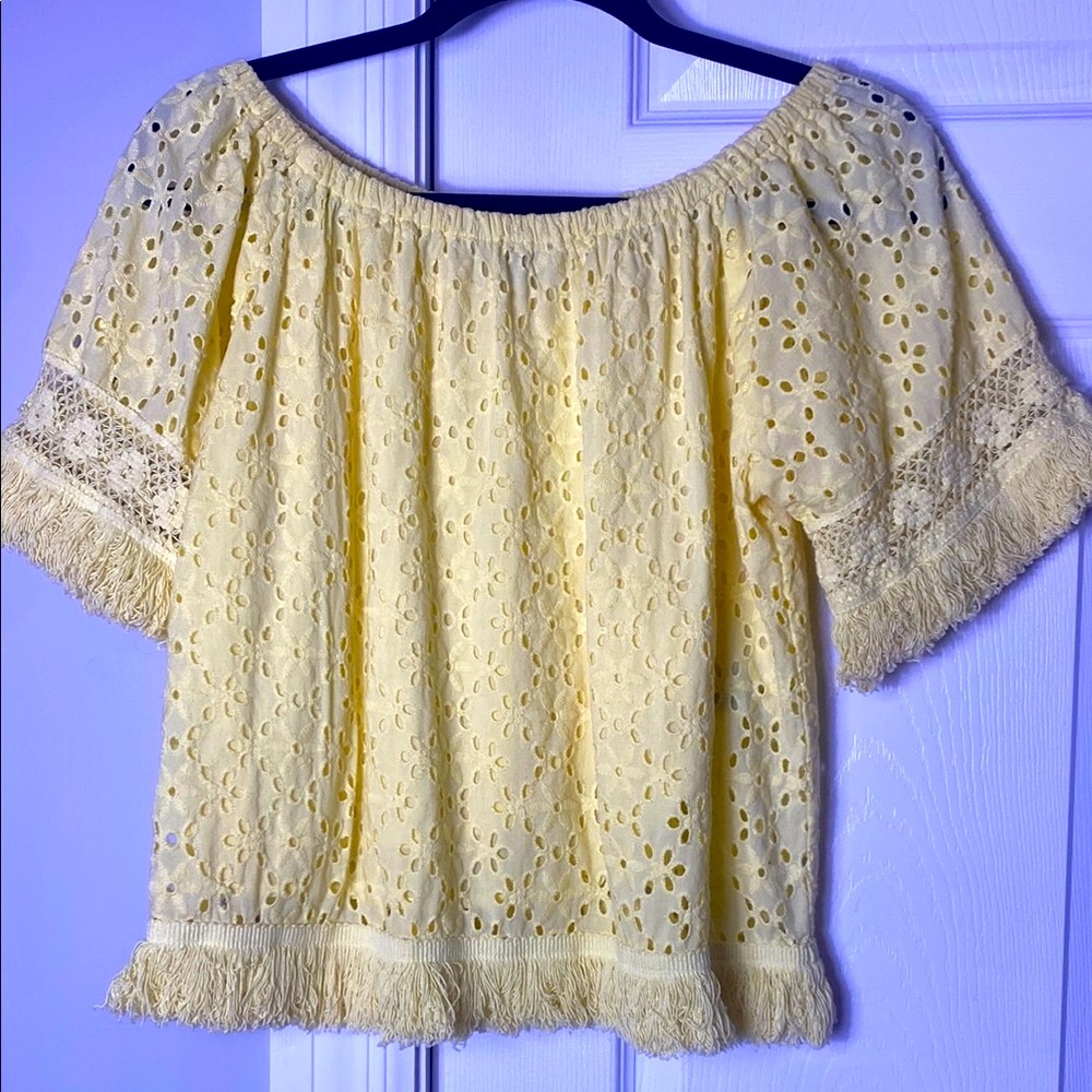 Curations Yellow Eyelet Top with Fringe Detail